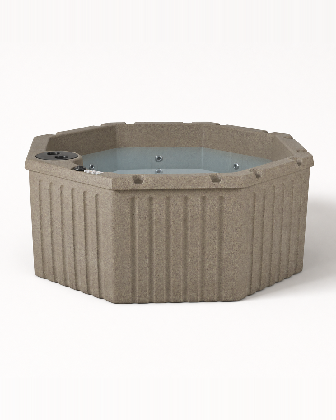 An octagonal hot tub in a textured taupe-gray finish, featuring a ribbed exterior wall and a light blue-tinted water pool, shown against a plain white background. #color_cobblestone
