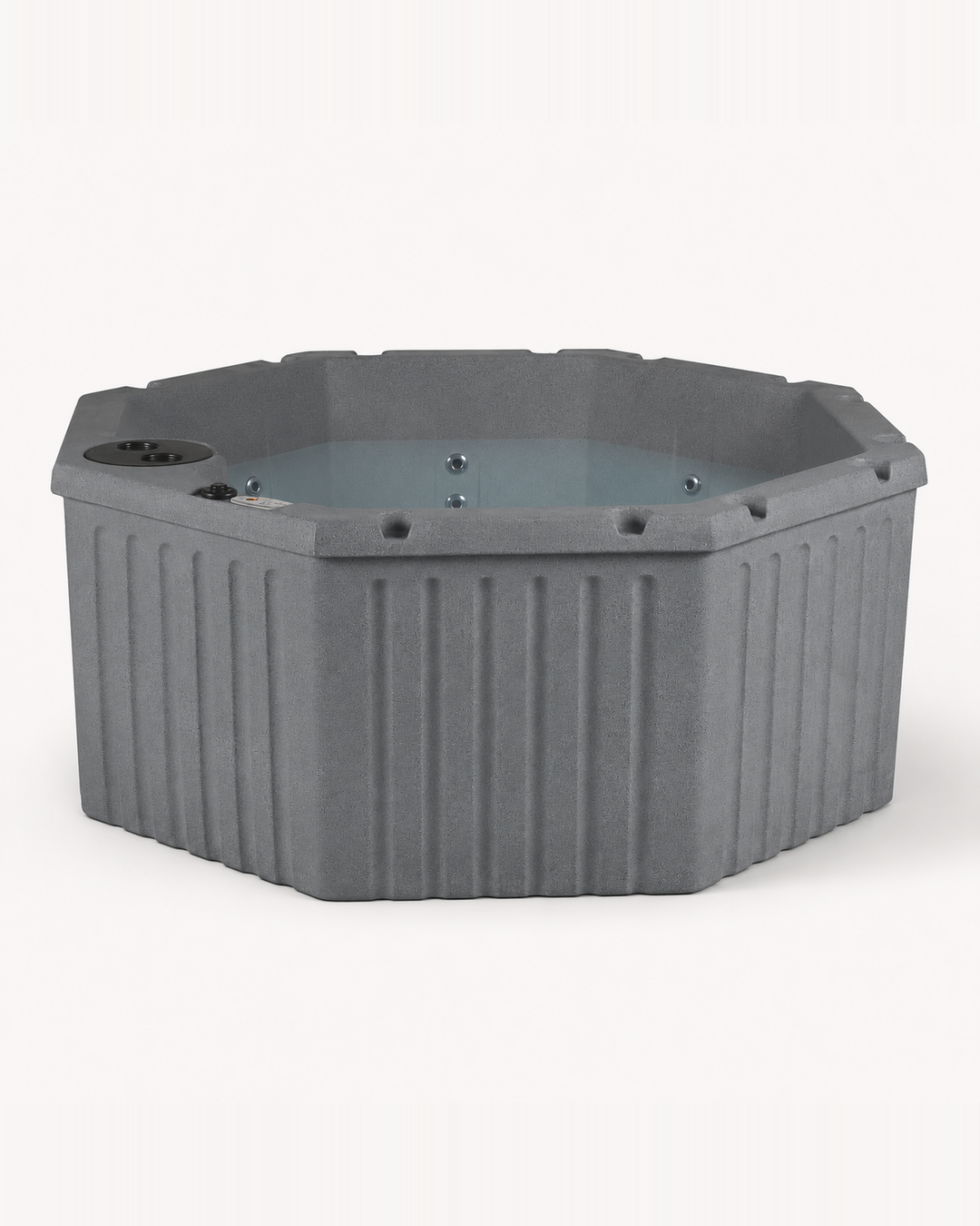 A gray octagonal outdoor hot tub with a ribbed exterior and a light blue-tinted water pool, shown from a front-three-quarter angle on a clean white background. #color_gray
