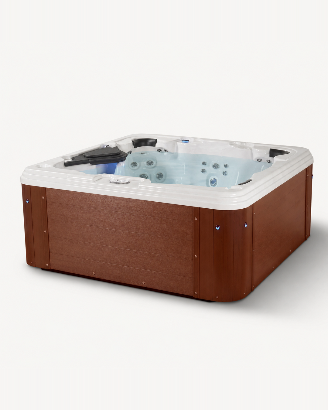 A square hot tub with a brown wood-grain exterior and a white interior, shown on a clean white background. 