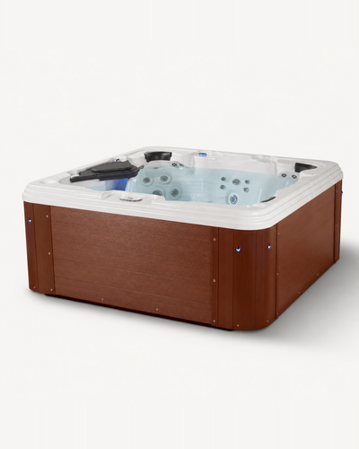 A square hot tub with a brown wood-grain exterior and a white interior, shown on a clean white background. 