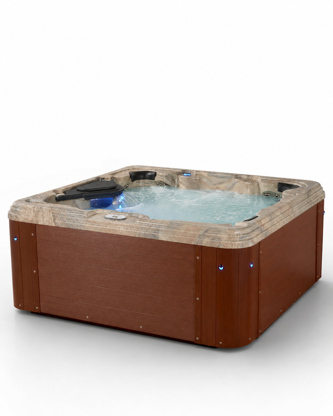 A square hot tub with a brown wood-look exterior and a beige stone-patterned rim, filled with bubbling water, shown on a white background. 