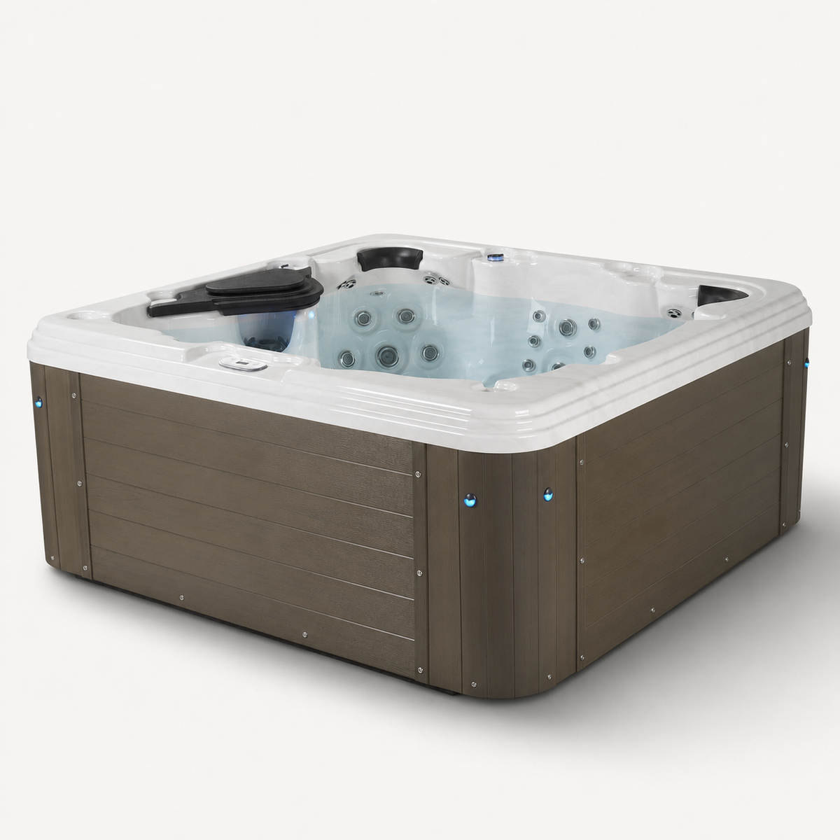 A square hot tub with a brown wood-look exterior and a white interior, shown on a light gray background. 