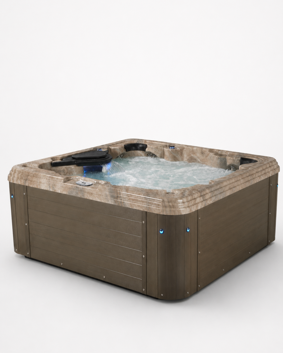 A square hot tub with a brown exterior and a beige/tan textured interior lining, shown with water circulating inside. It is photographed on a seamless white studio background. 