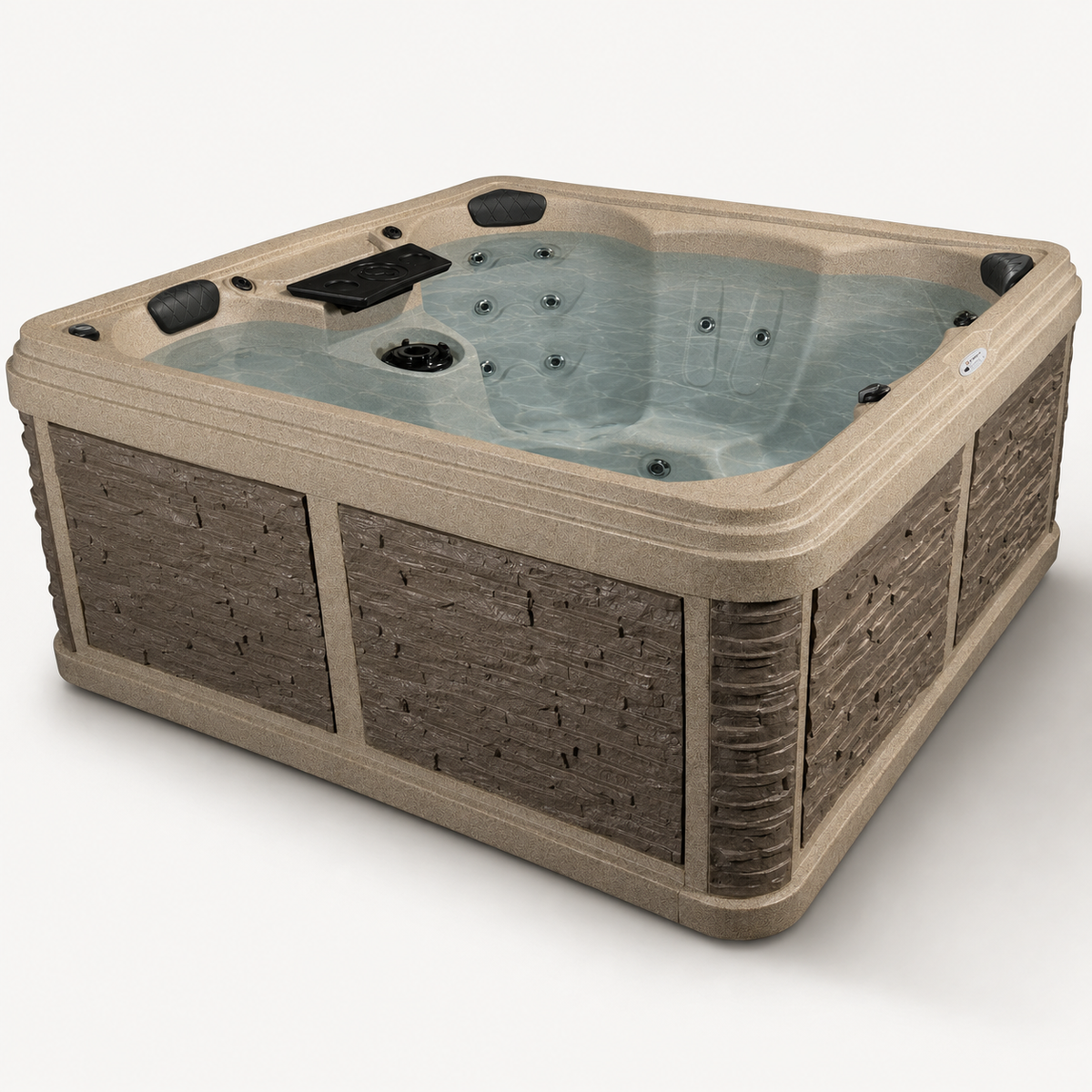 A square hot tub with a beige frame and textured brown side panels, filled with light blue water, shown on a clean white background.