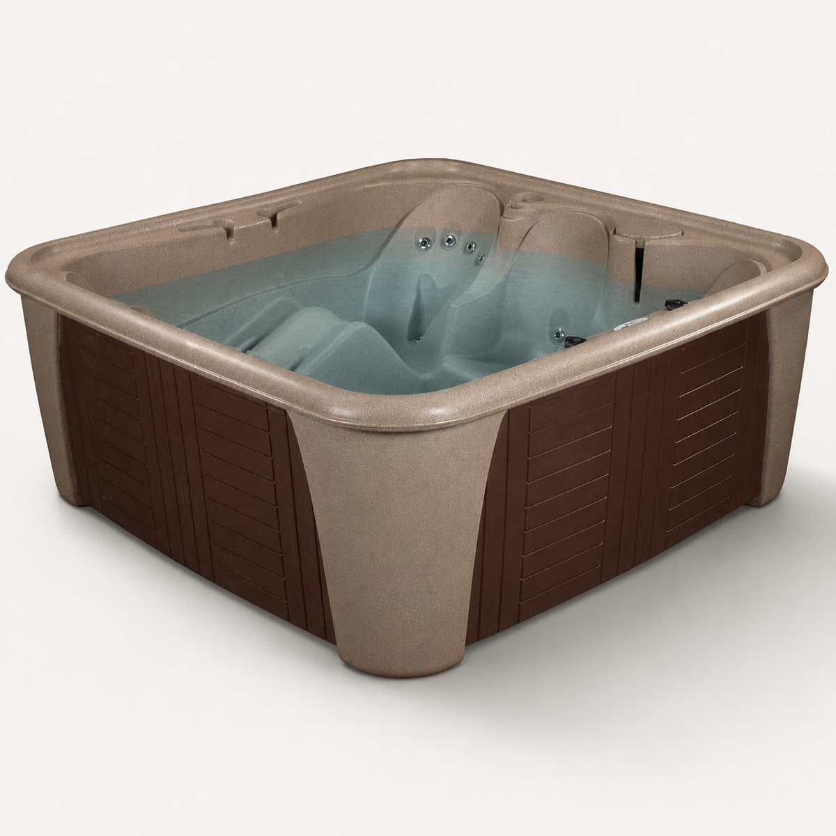 A square hot tub with a beige exterior and dark brown side panels, filled with light blue water, shown on a clean off-white background.