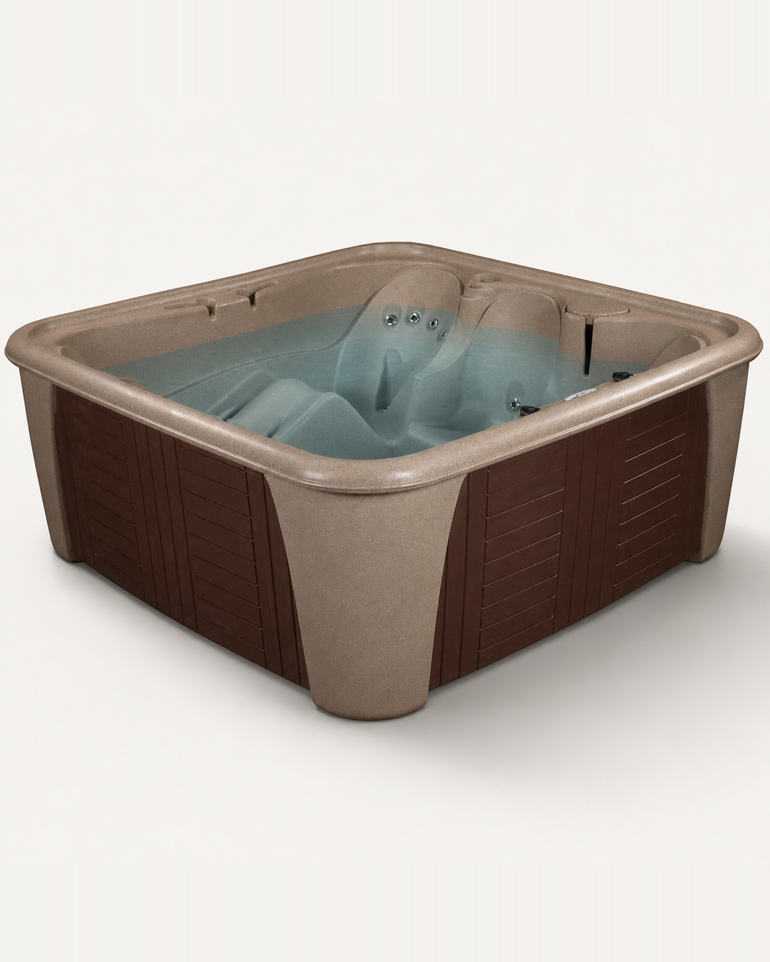 A square hot tub with a beige exterior and a brown wood-look panel design, filled with light blue water, shown on a plain light gray background.