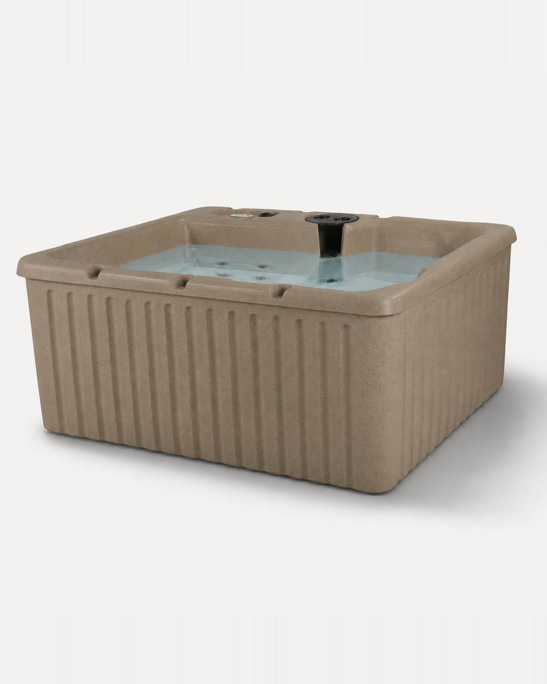 A hot tub with a ribbed exterior and a light blue water fill opening, shown on a plain light gray background