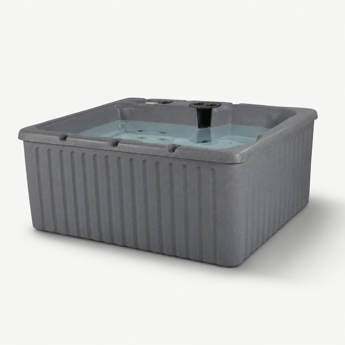 A rectangular gray hot tub with a ribbed exterior and a light blue-tinted water surface, shown on a plain light gray background 