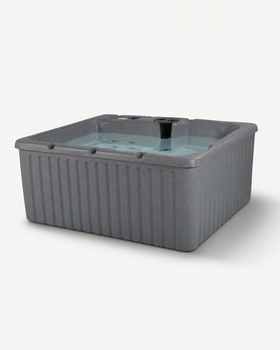 A gray  outdoor hot tub with ribbed sides and a light blue-tinted water surface, shown on a plain light gray background 