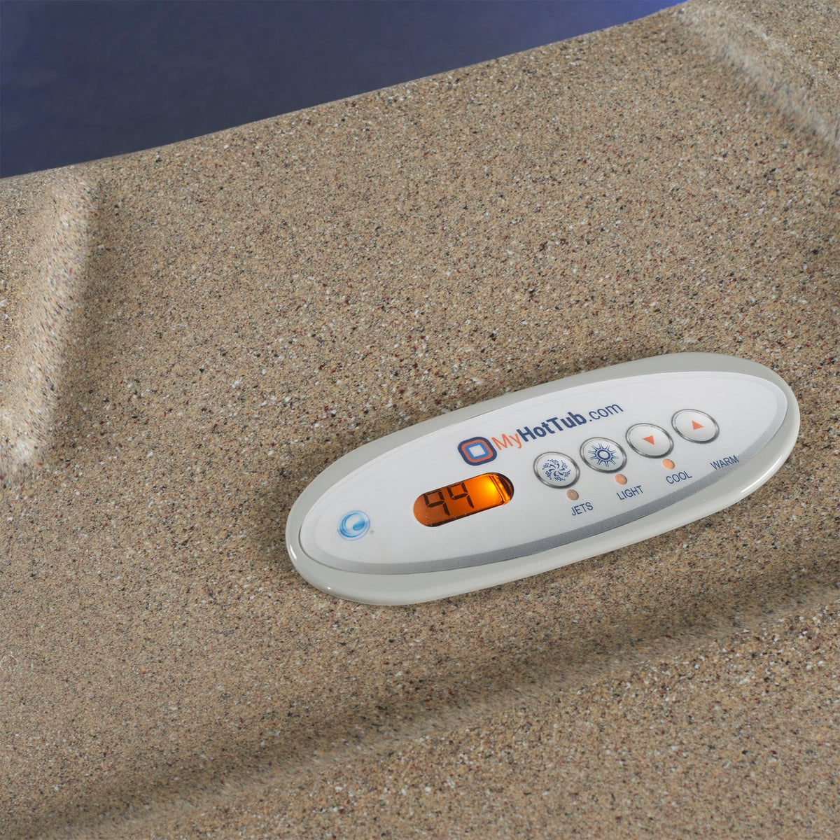 myhottub.com control panel on tan resin surface