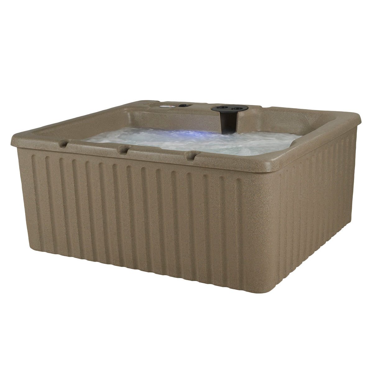 A rectangular outdoor hot tub in a textured taupe-brown finish, shown with water and blue LED lighting on, against a plain white background.