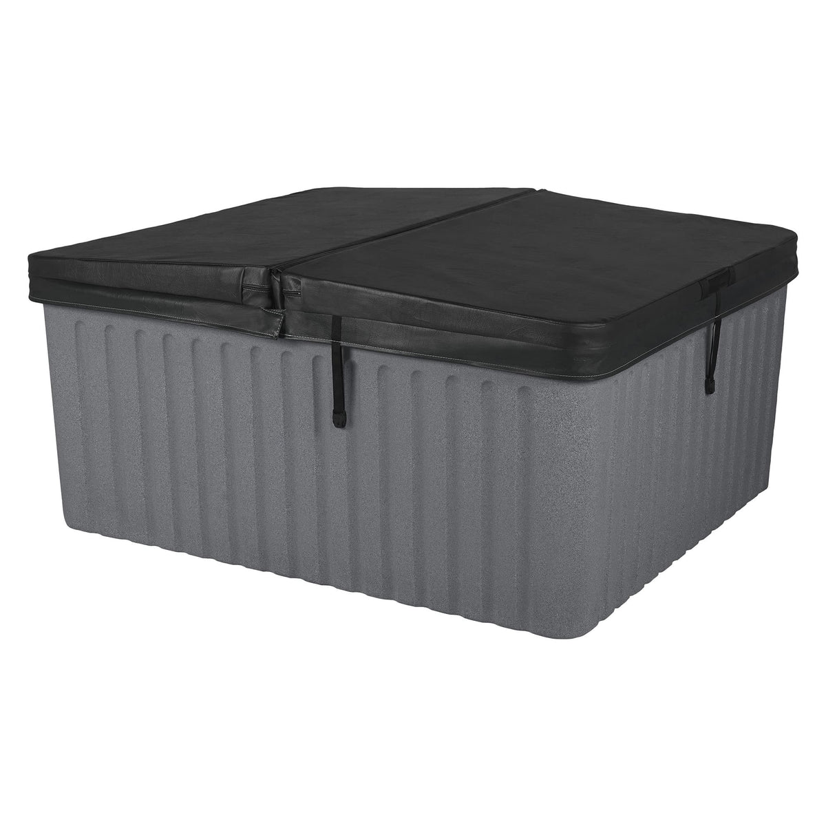 rectangular gray hot tub with black cover on white background 