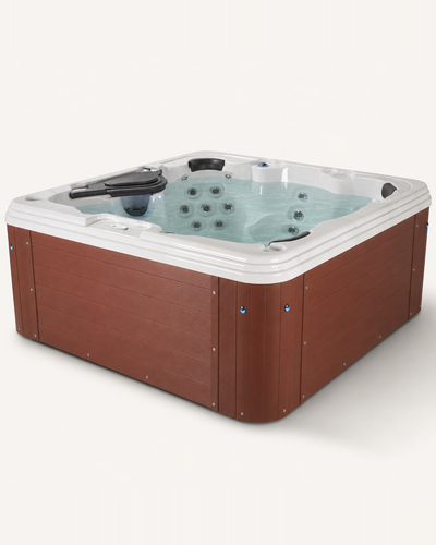 A square hot tub with a brown wood-look exterior and a white interior, shown filled with light blue water on a plain light background. 