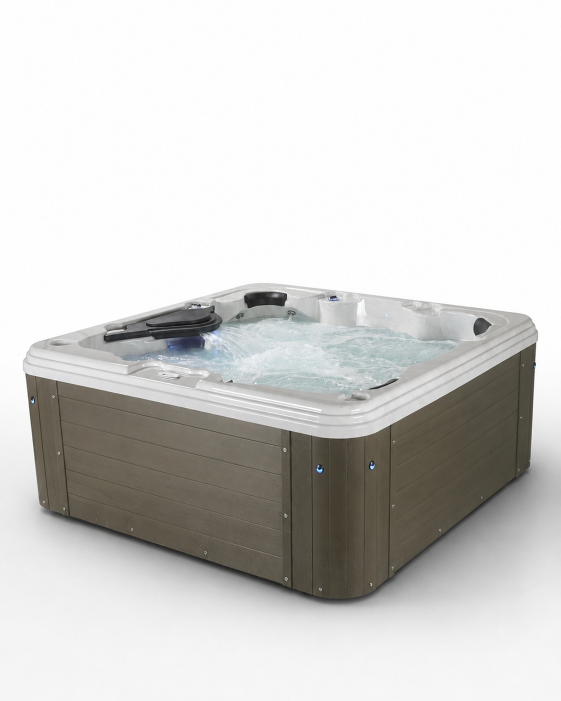 A square hot tub with a brown wood-look exterior and a white interior, shown with water running and jets visible on top against a plain white background. 