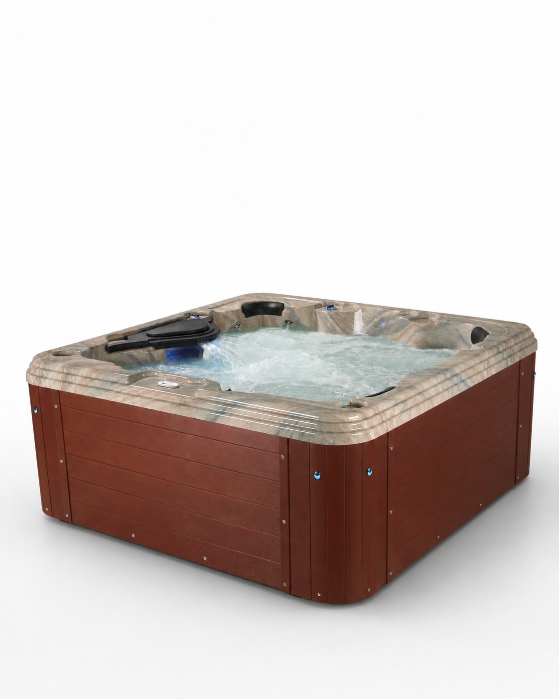A square hot tub with a reddish-brown wood-look exterior and a gray-and-beige stone-patterned interior, shown with water running in the jets against a plain white background. 