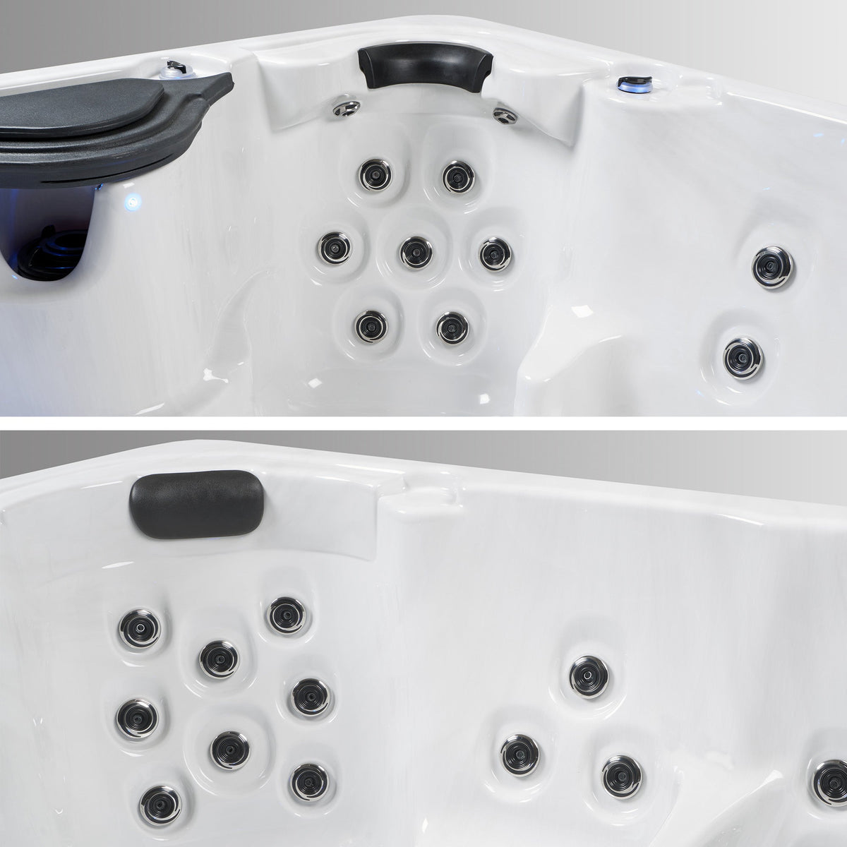 Close-up of a hot tub with multiple jets on a gray background