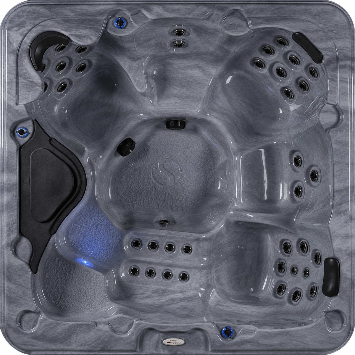 Top view of a gray hot tub with seating arrangement