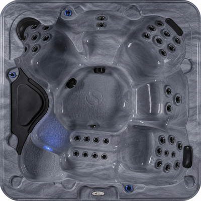 Top view of a gray hot tub with seating arrangement