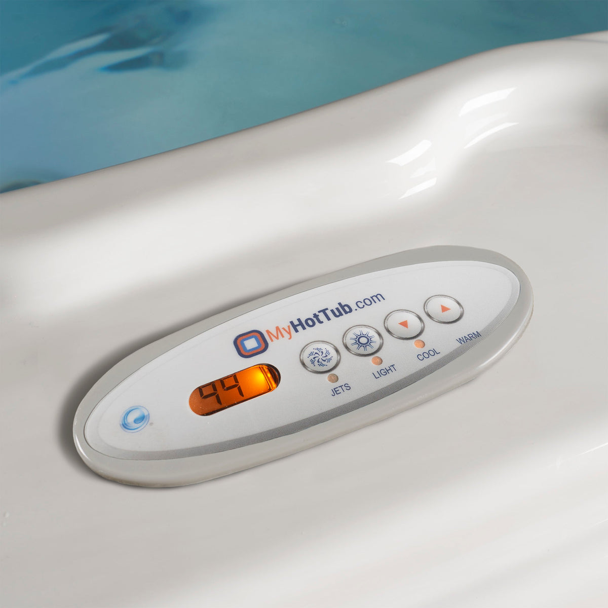 MyHotTub.com oval spa control panel on white hot tub