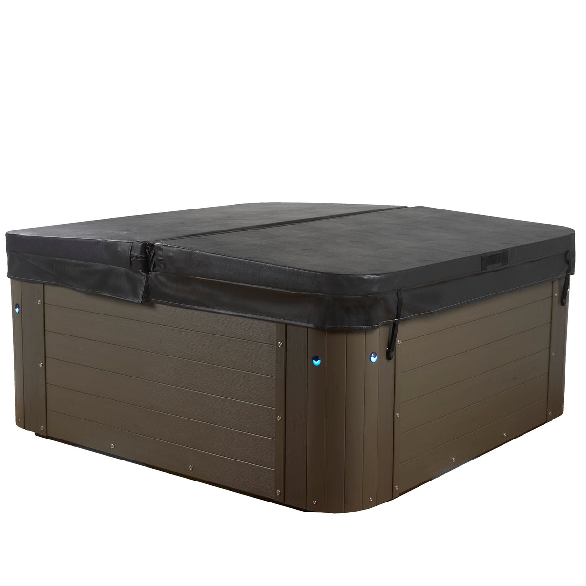 A brown hot tub with a black cover, shown at a three-quarter angle on a plain white background. 