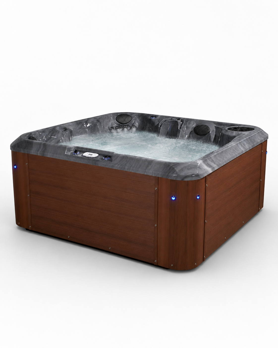 A square hot tub with a brown wood-look exterior and a dark gray interior liner filled with bubbling water, shown on a plain white background.