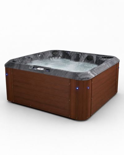 A square hot tub with a brown wood-look exterior and a dark gray interior liner filled with bubbling water, shown on a plain white background.