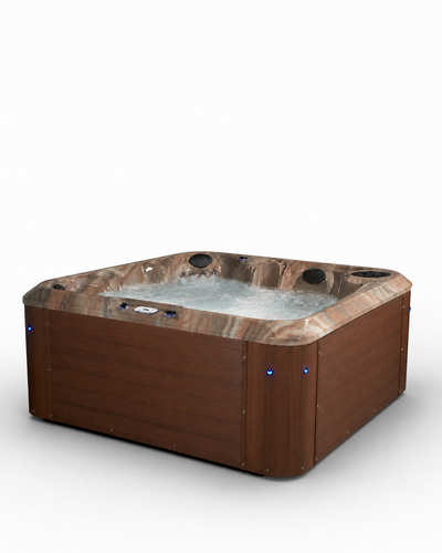 A hot tub with a brown wood-look exterior and a marbled brown and beige interior rim, shown with water jets running in the tub against a plain white background. 