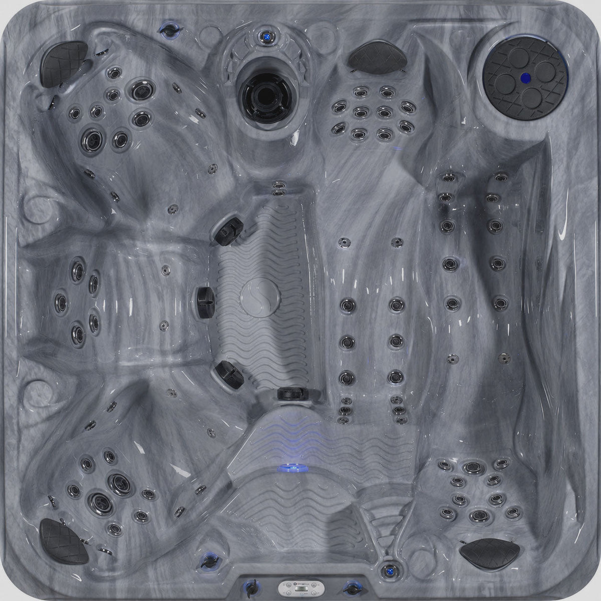 Top-down view of a gray and white marbled hot tub with multiple jets, and blue LED lighting accents. 