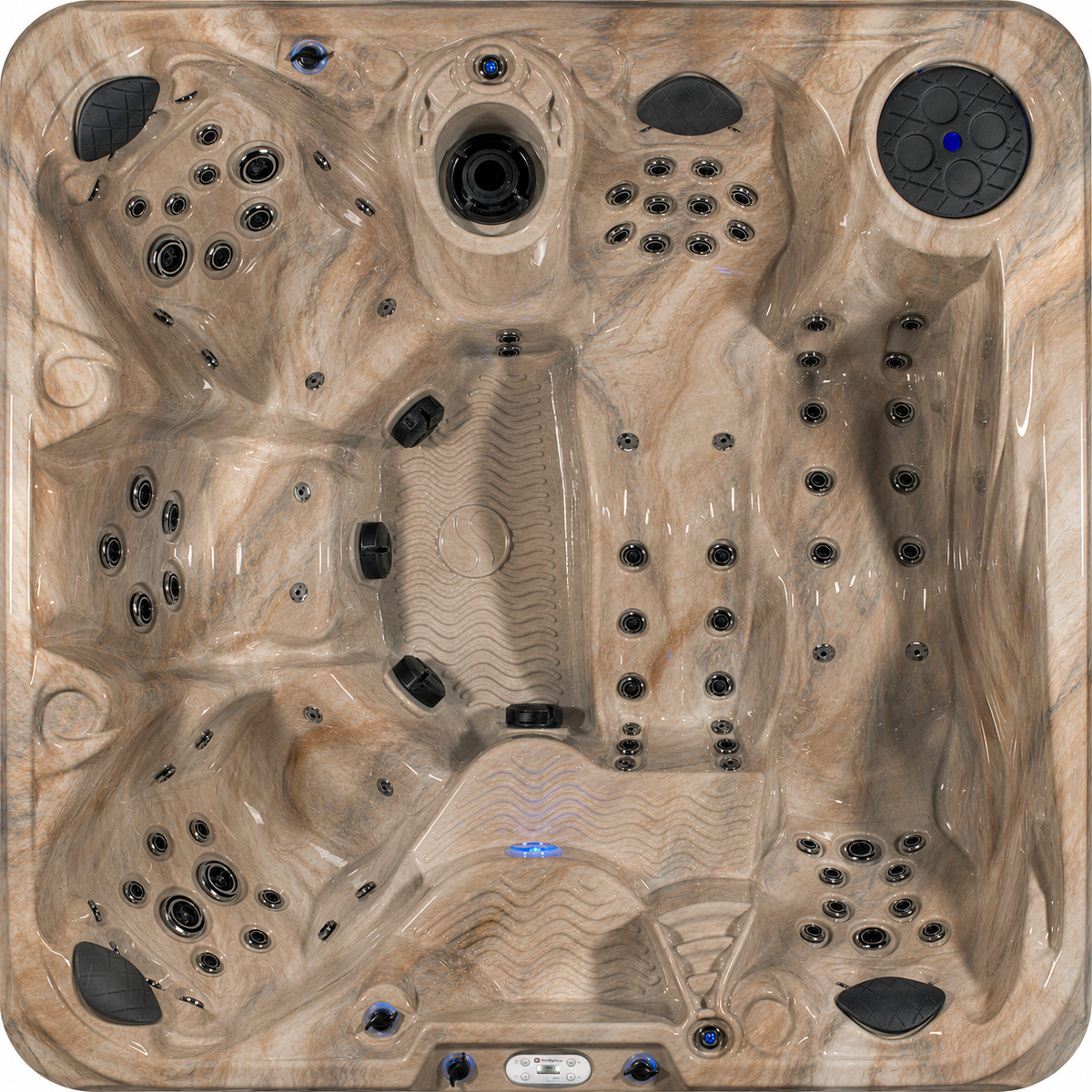 Top view of a tan marbled hot tub with multiple jets and blue lights. 