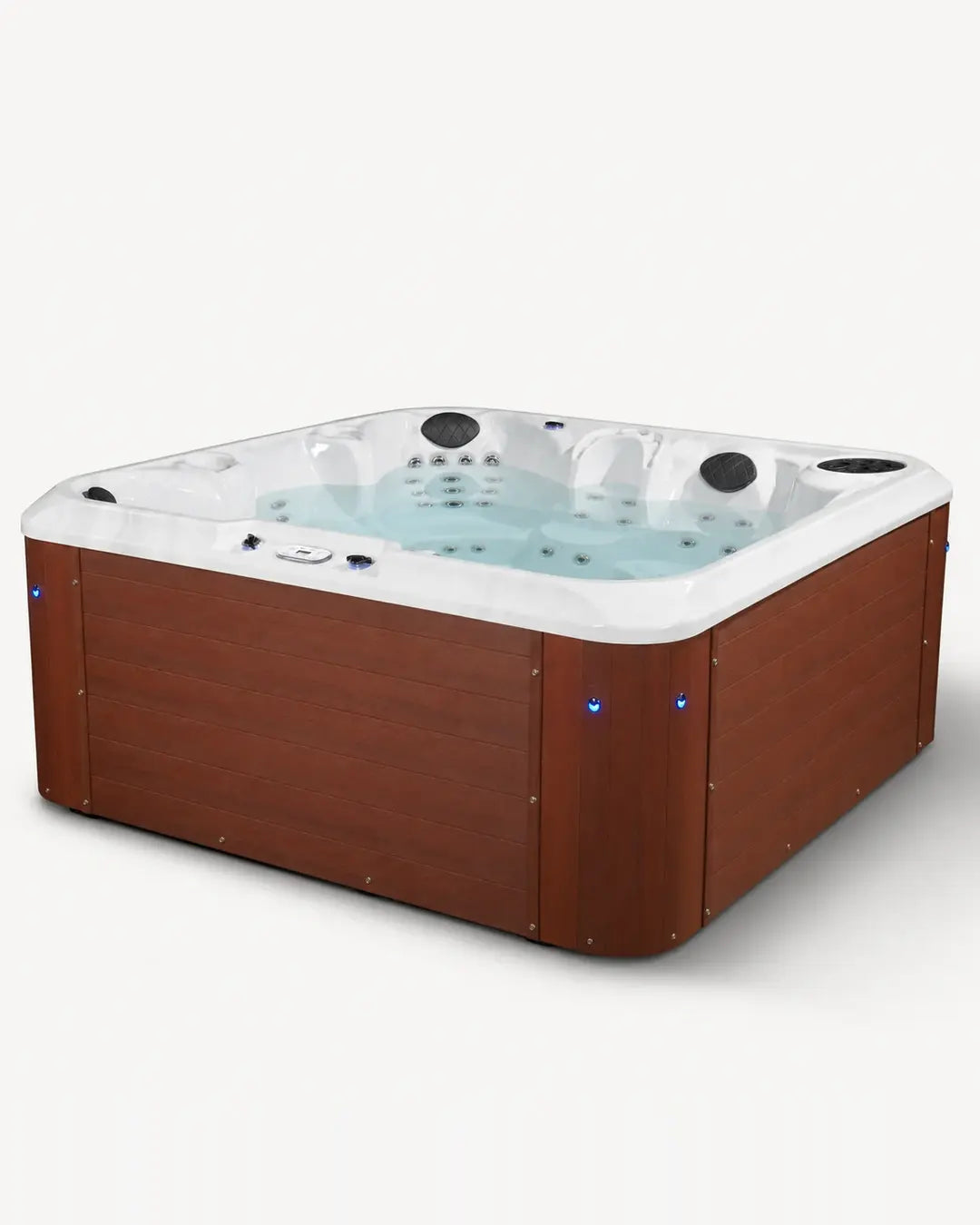 A rectangular hot tub with a brown wood-look exterior and a white interior, shown on a plain light gray background. The tub is filled with blue-tinted water and has visible jet nozzles and small blue LED light accents. 