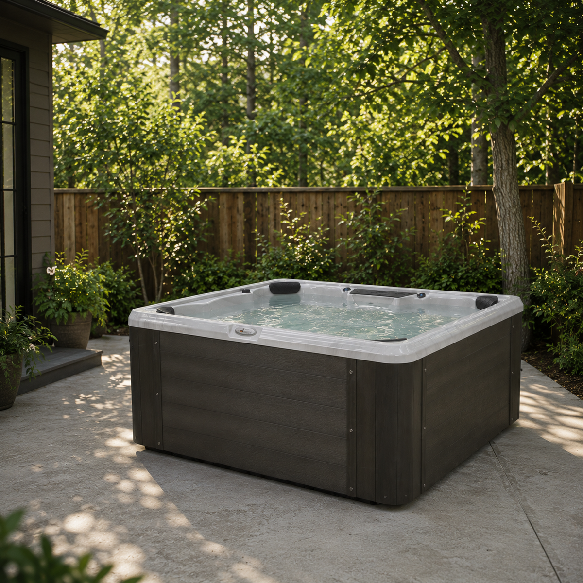 Hot tub on a patio with trees in the background