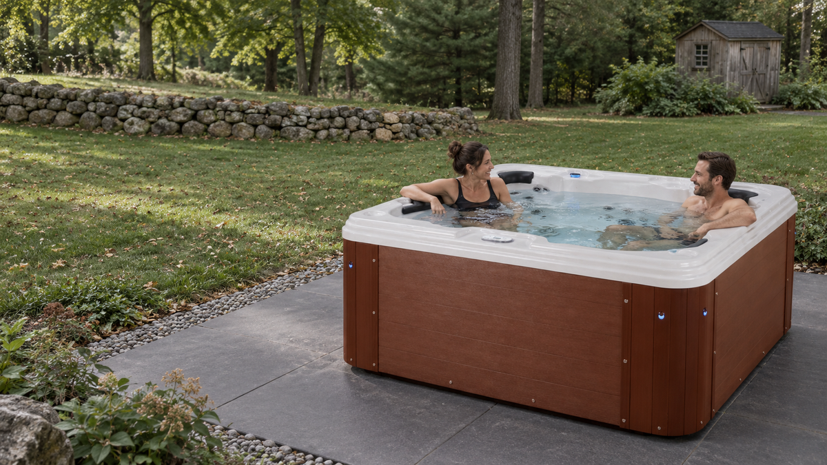 A rectangular outdoor hot tub with a brown wood-look exterior and white interior sits on a stone patio in a backyard setting, with a man and woman relaxing in the water.