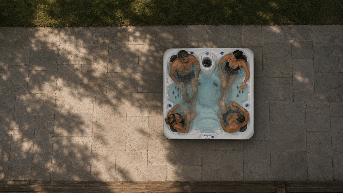 A top-down view of a four-person outdoor hot tub filled with water, situated on a stone patio with dappled sunlight and shadows.