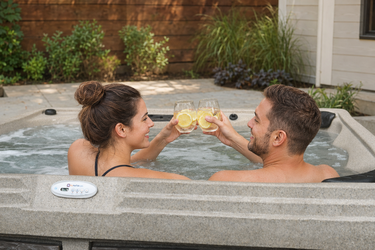 A couple relaxes in a hot tub, clinking wine glasses with lemon slices. The hot tub is situated outdoors on a patio with plants and a wooden fence in the background.