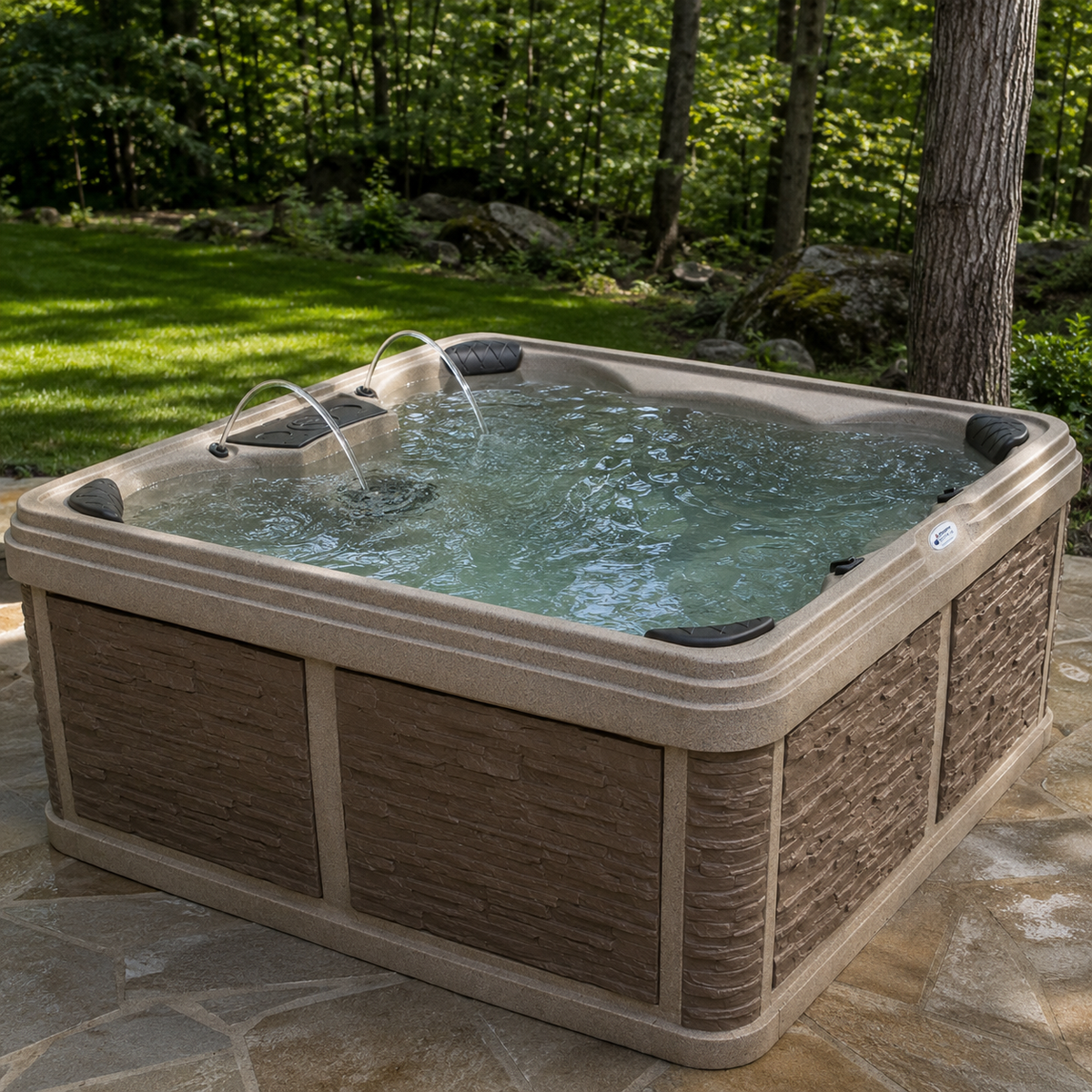 tan hot tub with blue water on stone patio with grass and trees in background.