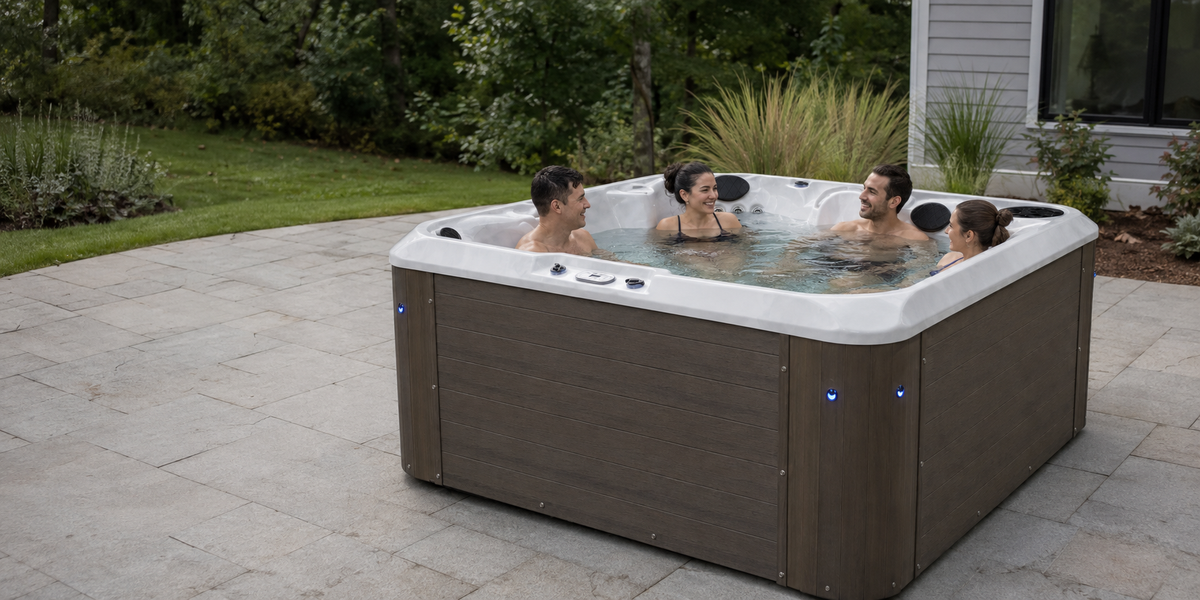 A rectangular outdoor hot tub with a brown wood-look exterior and white interior, shown on a stone patio with four people relaxing in the water. Trees, grass, and part of a house are visible in the background.