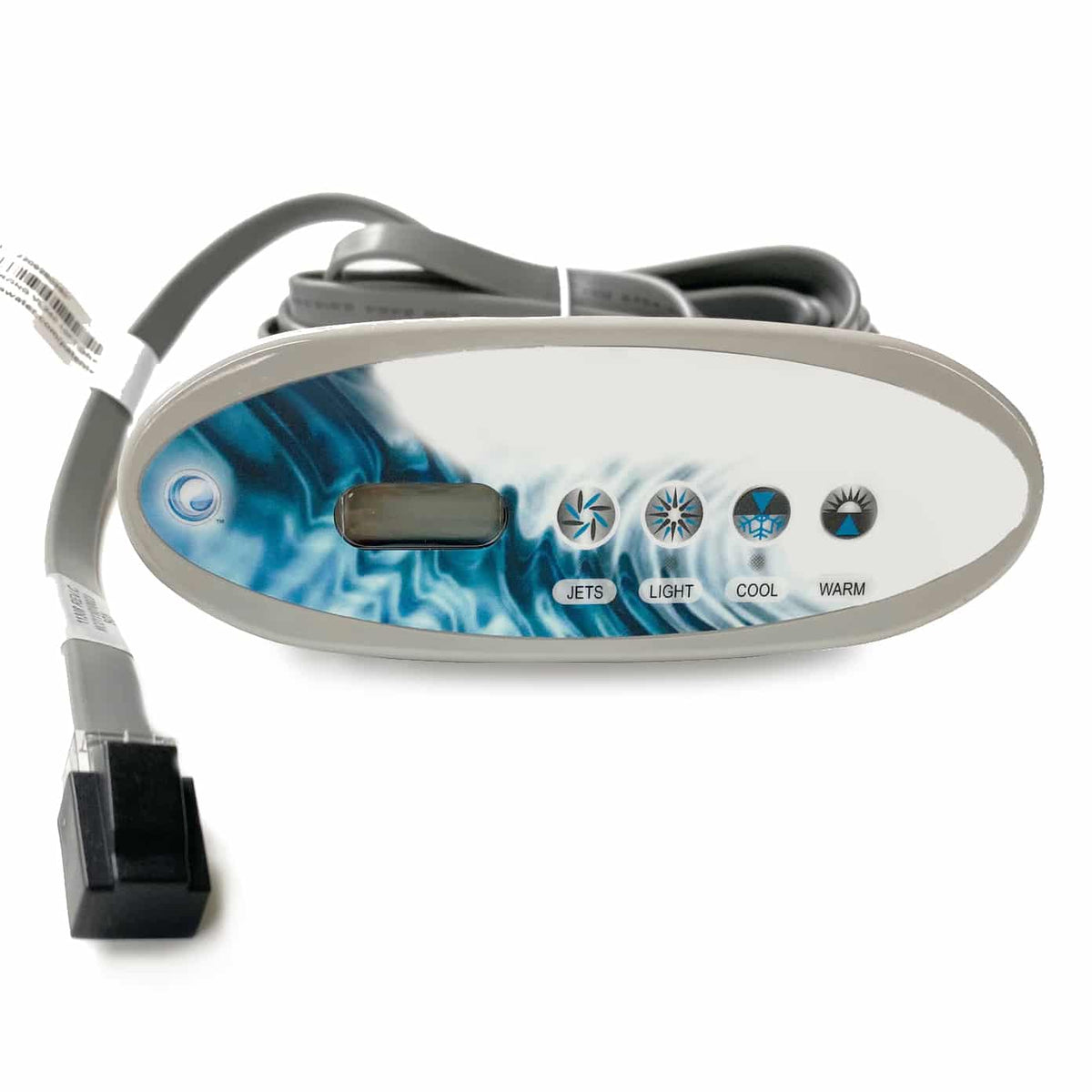 An oval-shaped electronic control panel with a blue and white water-wave graphic, featuring buttons for jets, light, cool, and warm, with a gray power cord and connector on a white background.