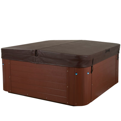 A brown hot tub with a matching brown vinyl cover, shown from a three-quarters angle against a plain white background. 