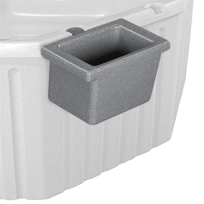 A gray rectangular plastic ice bucket hot tub accessory shown on a ghosted image of the corresponding hot tub