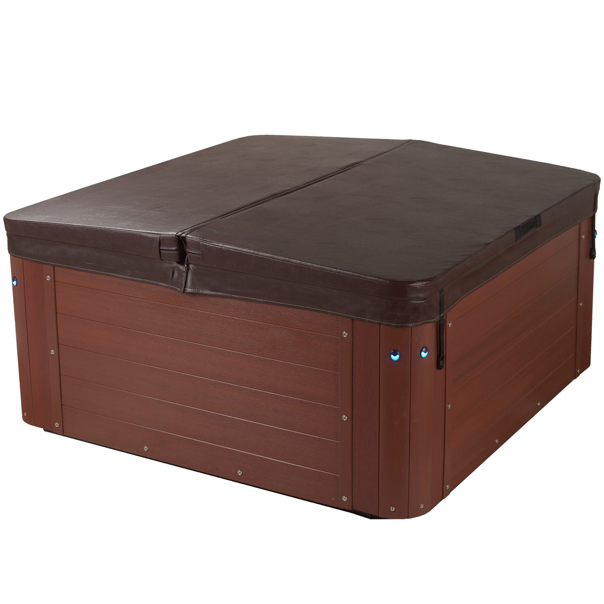 Redwood hot tub with a brown cover on a white background