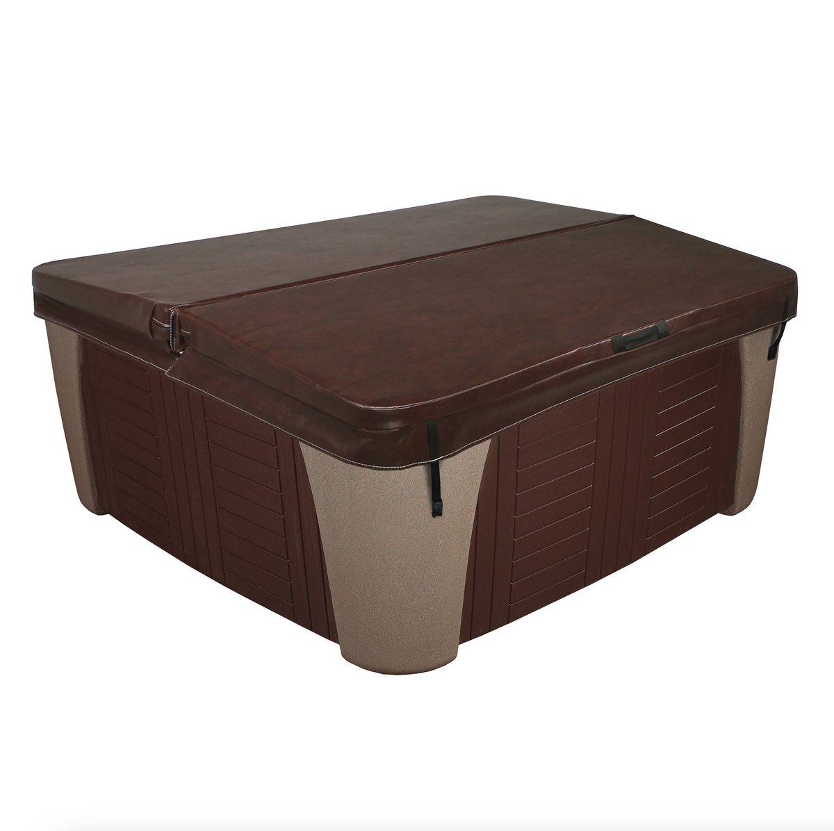 Brown hot tub with a brown cover on a white background