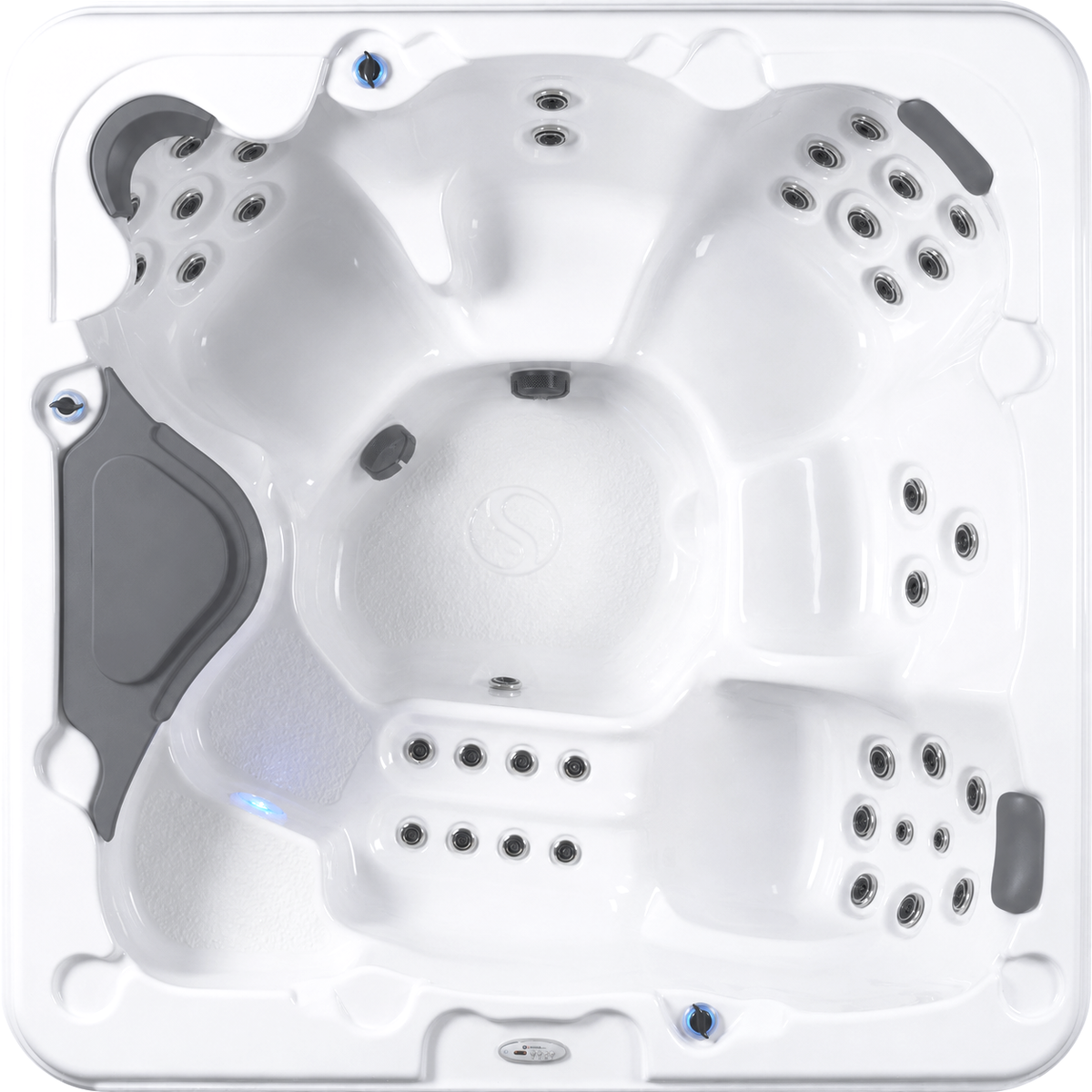 Top-down view of a white hot tub with multiple seating sections and black trim accents, shown on a plain white background.
