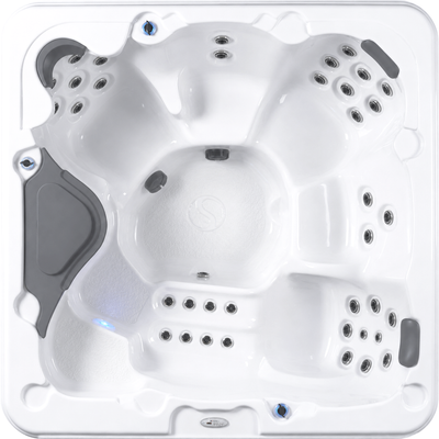 Top-down view of a white hot tub with multiple seating sections and black trim accents, shown on a plain white background.