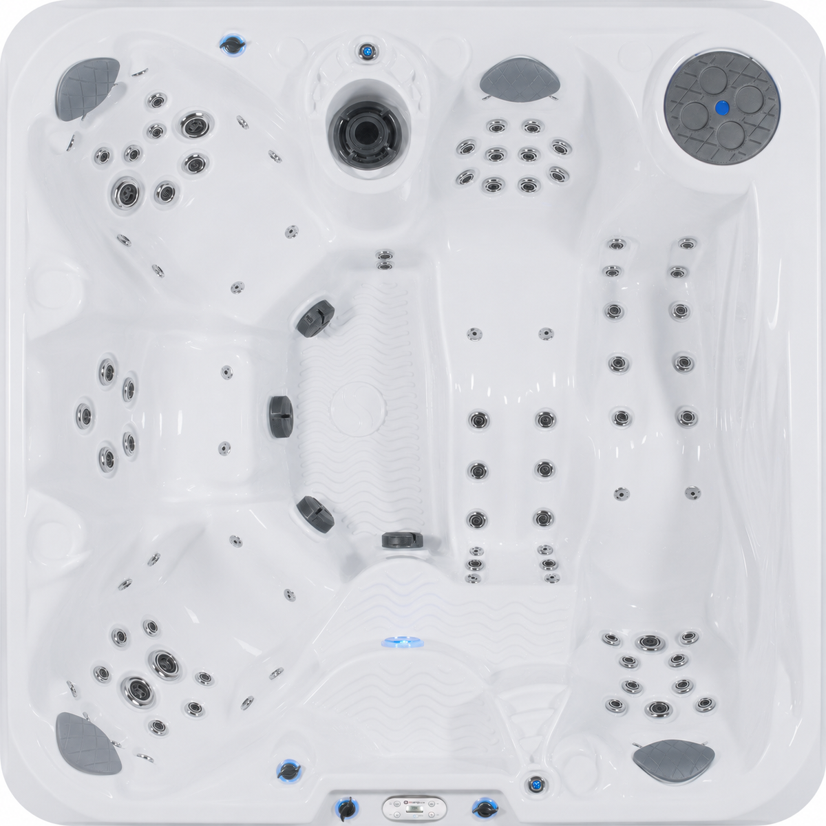Top-down view of a white square hot tub with multiple jet nozzles on a white background.