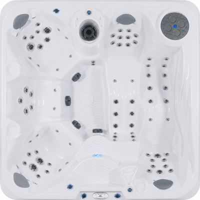 Top-down view of a white square hot tub with multiple jet nozzles on a white background.
