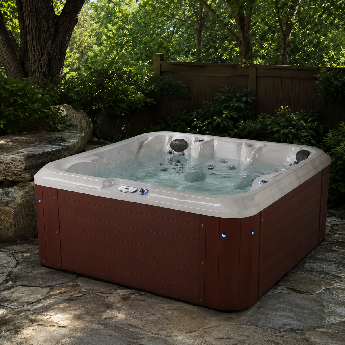Hot tub in a backyard setting with trees and rocks.
