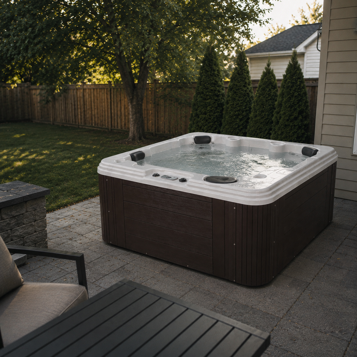 A MyHotTub.com Hot tub on a patio with outdoor furniture and greenery