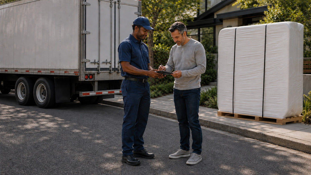 man signing delivery form held by delivery man in front of truck and hot tub at curb of house.
