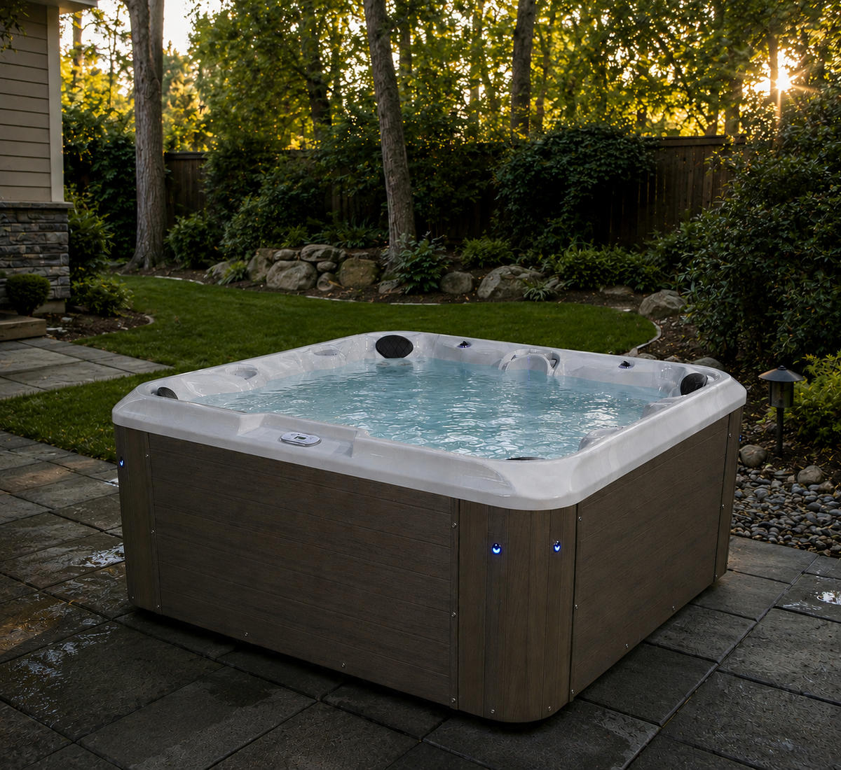 Hot tub in a backyard setting with trees and sunlight 