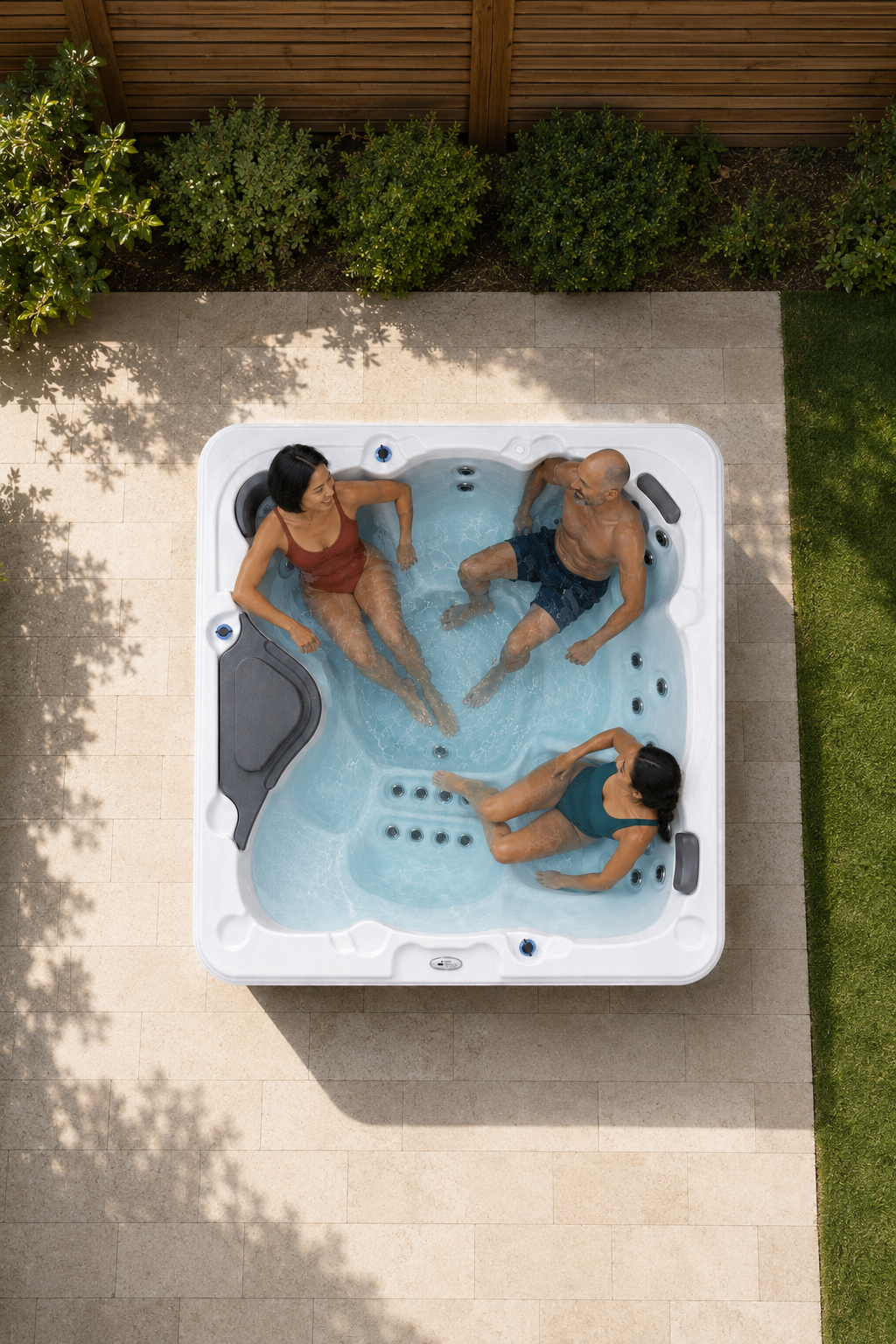 A top-down view of a white outdoor hot tub with three people relaxing inside on a light stone patio, with green grass and a wooden fence in the background.